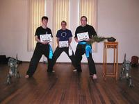 Mr Snake (Luke Pedrana), Owen Martens, and Tiernan Creagh graded to Blue sash, White sash, and Blue Sash respectively, at the 2004 Day Course. Well done gentlemen!
