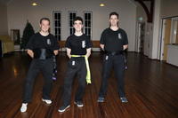 L-R: Jono, Alex and Justin. Our new Yellow Sash supported by our two new Student Instructors
